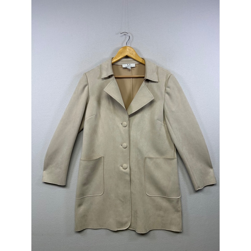 Magaschoni Minimalist Chic Womens Medium Beige Faux Suede Button Front Car Coat‎